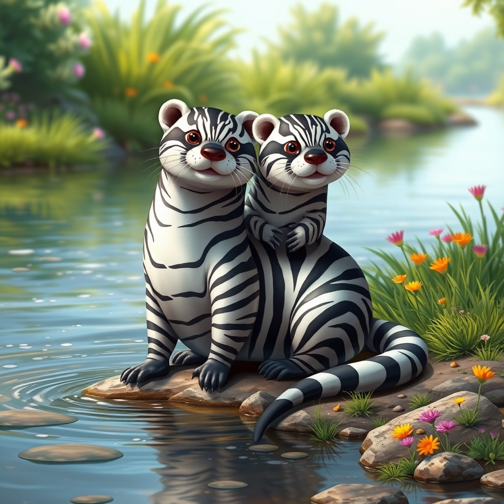 An imaginative creature known as a 'zebra otter with two heads and a tail', merging the sleek body of an otter with the striking striped patterns of a zebra