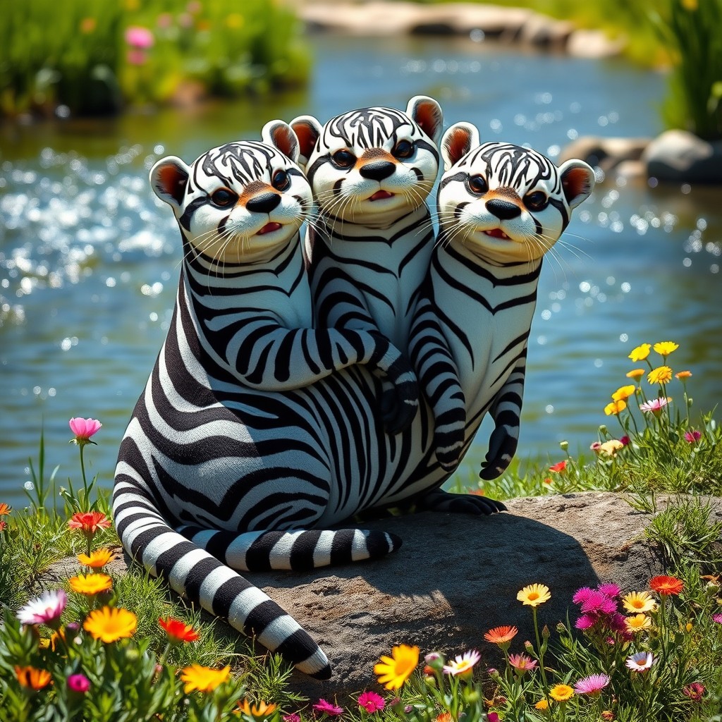 An imaginative creature known as a 'zebra otter with three heads and a tail', blending the sleek body of an otter with the striking black and white stripes of a zebra
