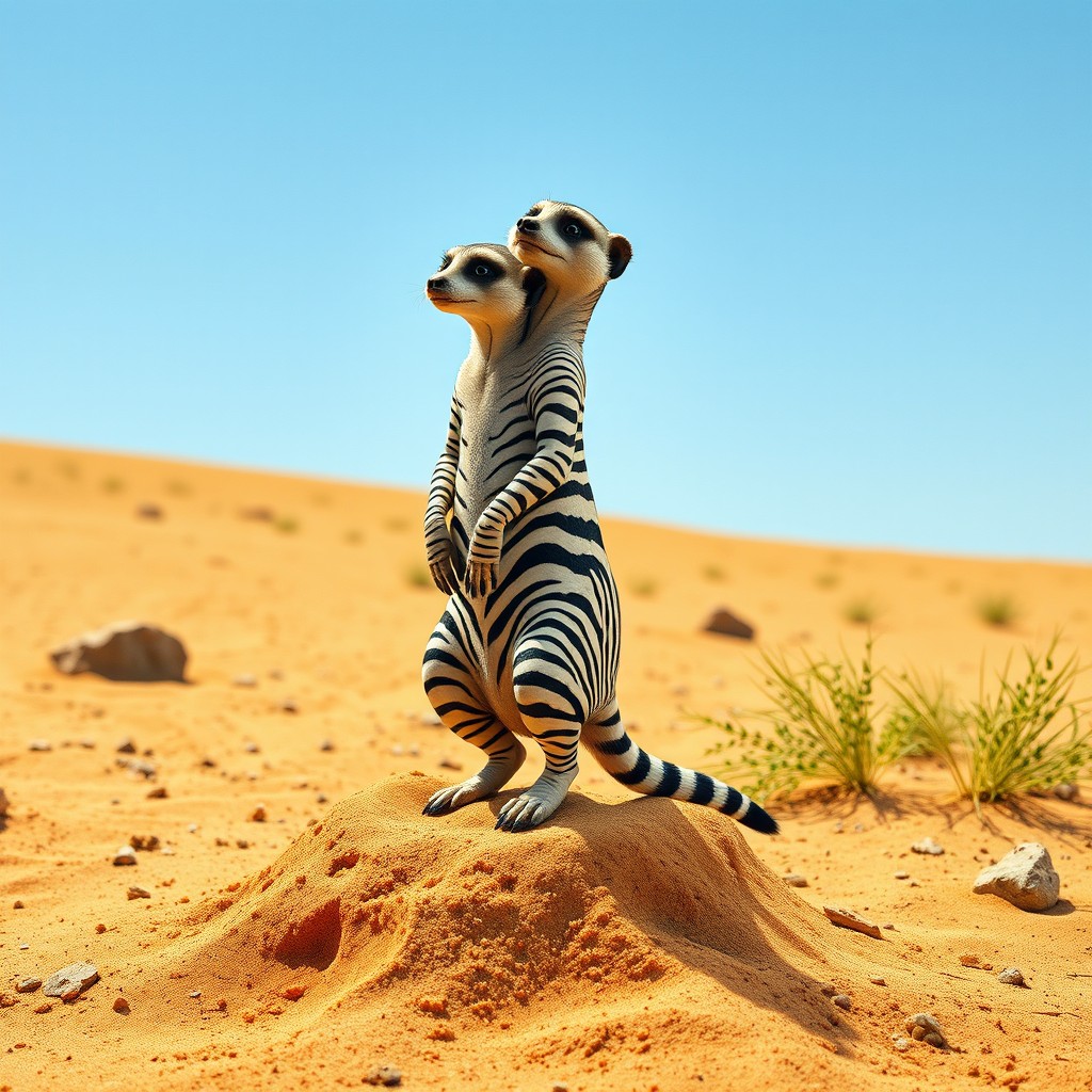 An imaginative creature known as a 'zebra meerkat with two heads and a tail', featuring the playful stature of a meerkat complemented by the distinctive black and white stripes of a zebra