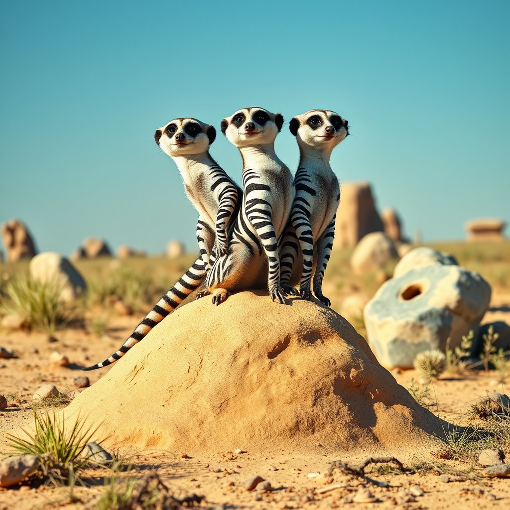 An imaginative creature known as a 'zebra meerkat with three heads and a tail', featuring the playful form of a meerkat combined with bold black and white zebra stripes