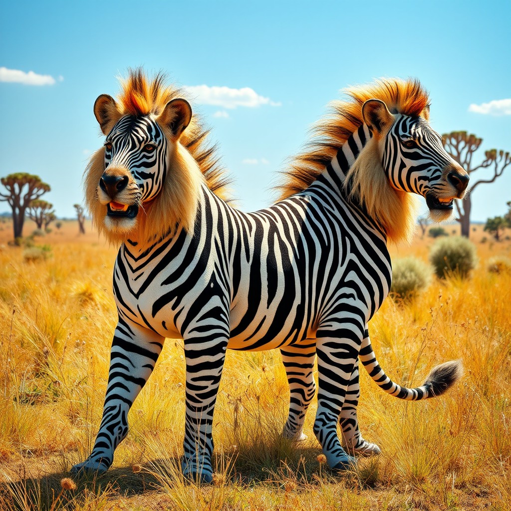 An imaginative creature known as a 'zebra lion with two heads and a distinctive tail', merging the majestic appearance of a lion with the bold black and white stripes of a zebra