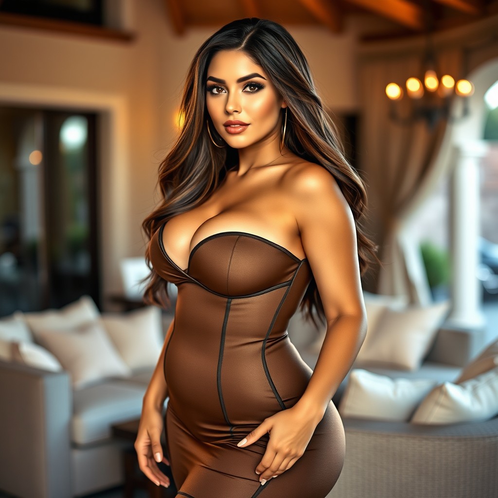A voluptuous woman with an hourglass figure, wearing a stylish and form-fitting outfit that accentuates her curves