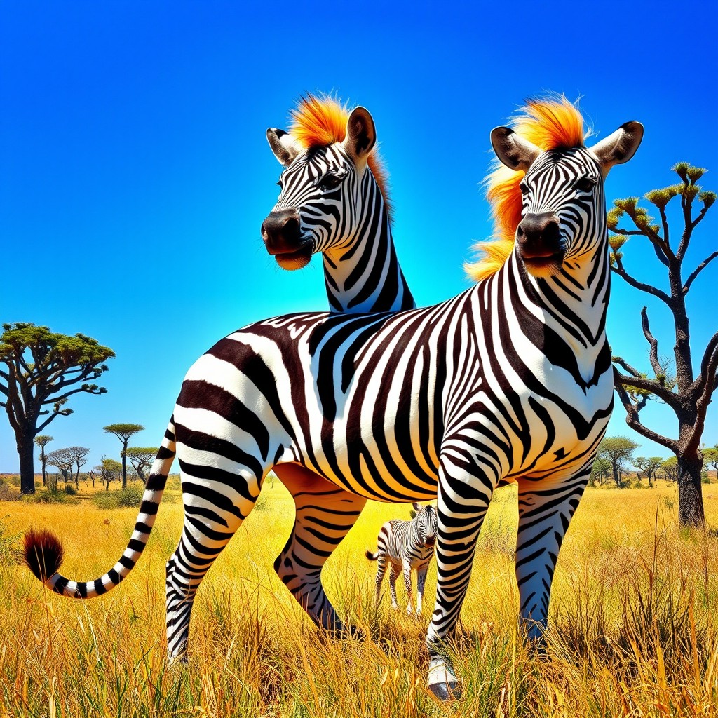An imaginative creature known as a 'zebra lion with three heads and a tail', combining the majesty of a lion with the bold striped patterns of a zebra