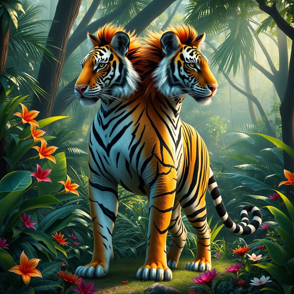 An imaginative creature known as a 'zebra tiger with two heads and a striking tail', combining the ferocity of a tiger with the distinctive black and white stripes of a zebra