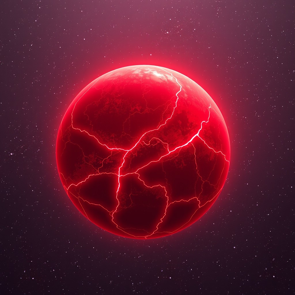 A vibrant red planet floating in the cosmos, featuring striking bright red glowing veins that pulse and shimmer across its surface
