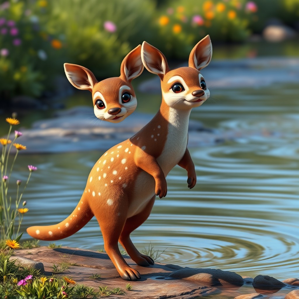 An imaginative creature known as a 'deer otter with two heads', merging the graceful features of a deer with the playful characteristics of an otter