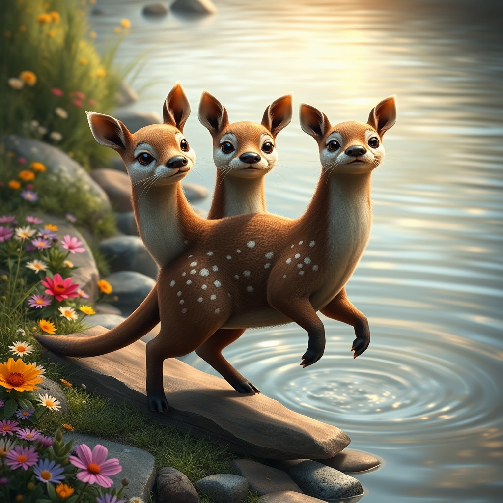 An enchanting creature known as a 'deer otter with three heads', merging the graceful qualities of a deer and the playful characteristics of an otter