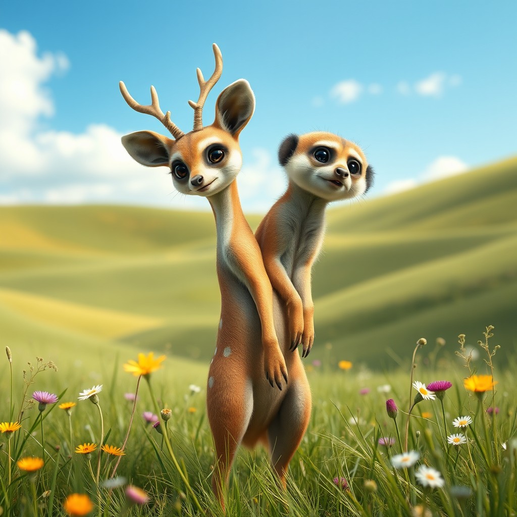 An enchanting creature known as a 'deer meerkat with two heads', combining the graceful form of a deer with the curious nature of a meerkat
