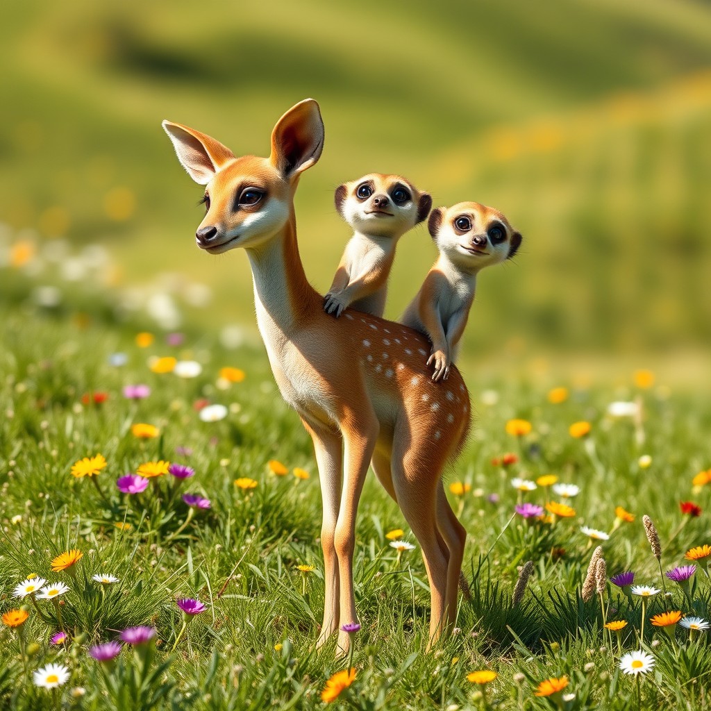 An enchanting creature known as a 'deer meerkat with three heads', combining the elegance of a deer with the curious and playful nature of a meerkat