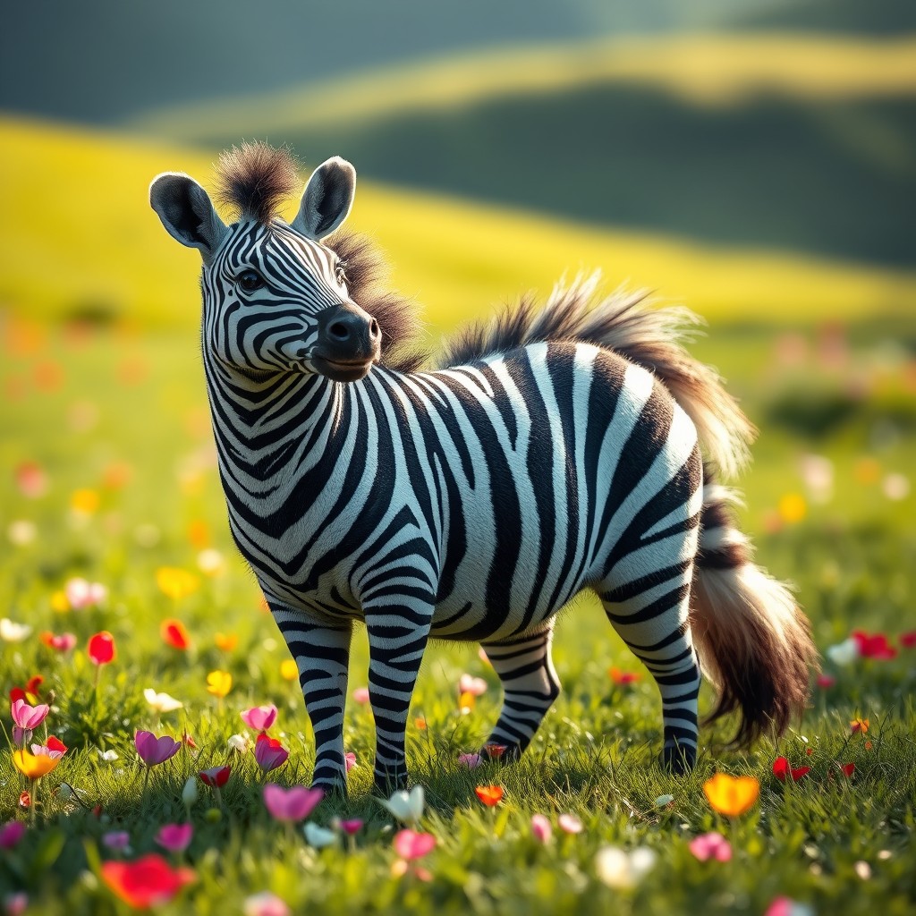 A whimsical creature known as a 'zebra badger with two heads and a striking tail', blending the distinctive black and white stripes of a zebra with the stocky body and unique features of a badger