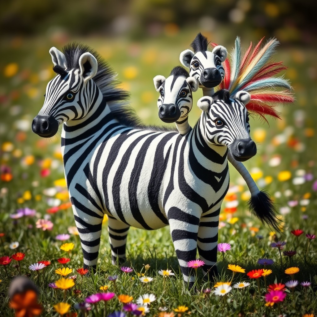 A whimsical and imaginative creature known as a 'zebra badger with three heads and a striking tail', merging the distinctive black and white stripes of a zebra with the unique features of a badger