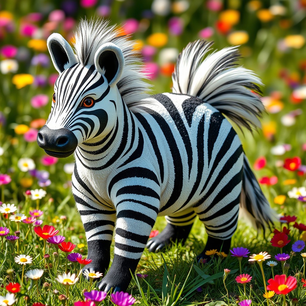 A delightful creature known as a 'zebra badger with a striking tail and a single head', merging the unique features of both a zebra and a badger