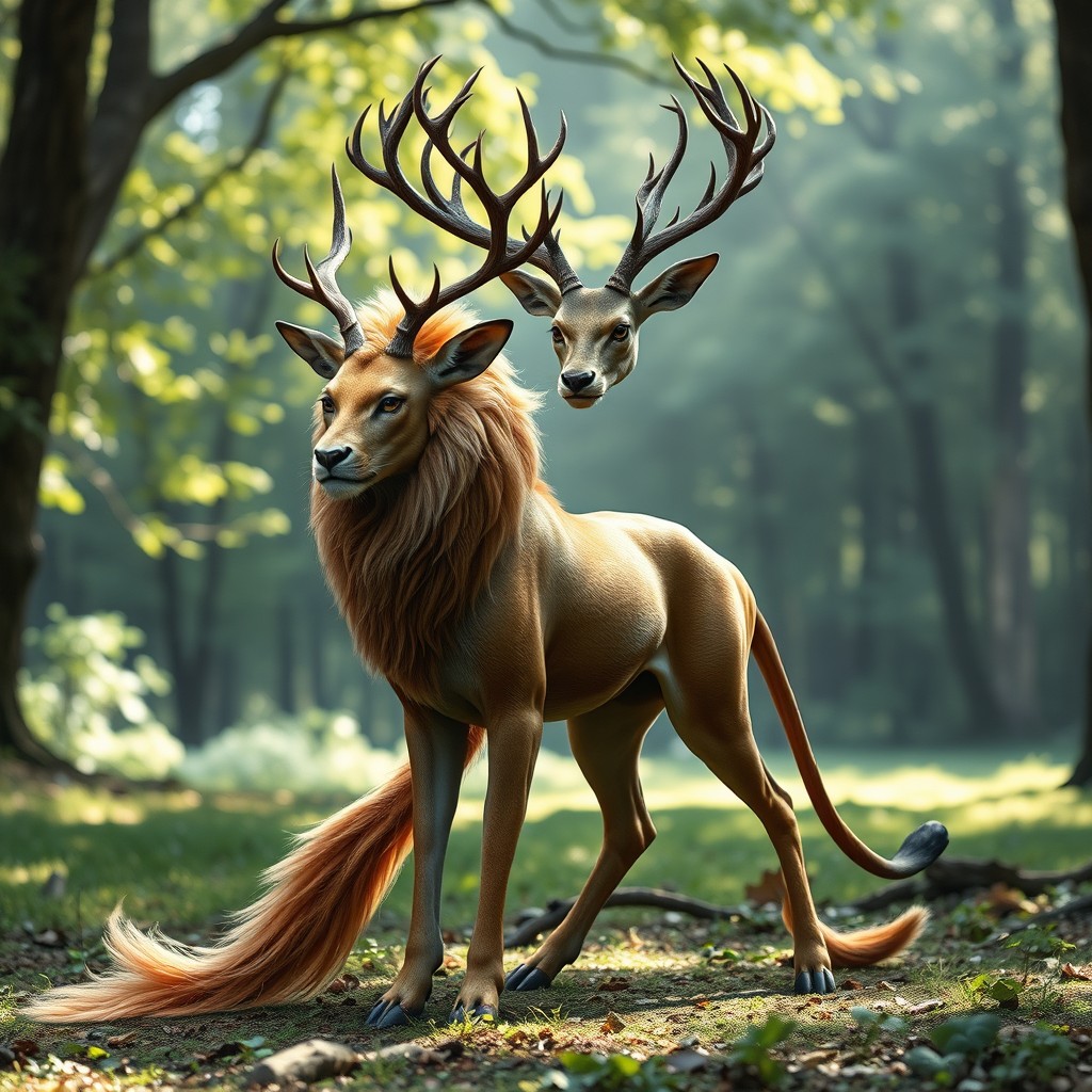 A fantastical creature known as a 'deer-lion hybrid with two heads and a majestic tail', merging the graceful elegance of a deer with the powerful features of a lion
