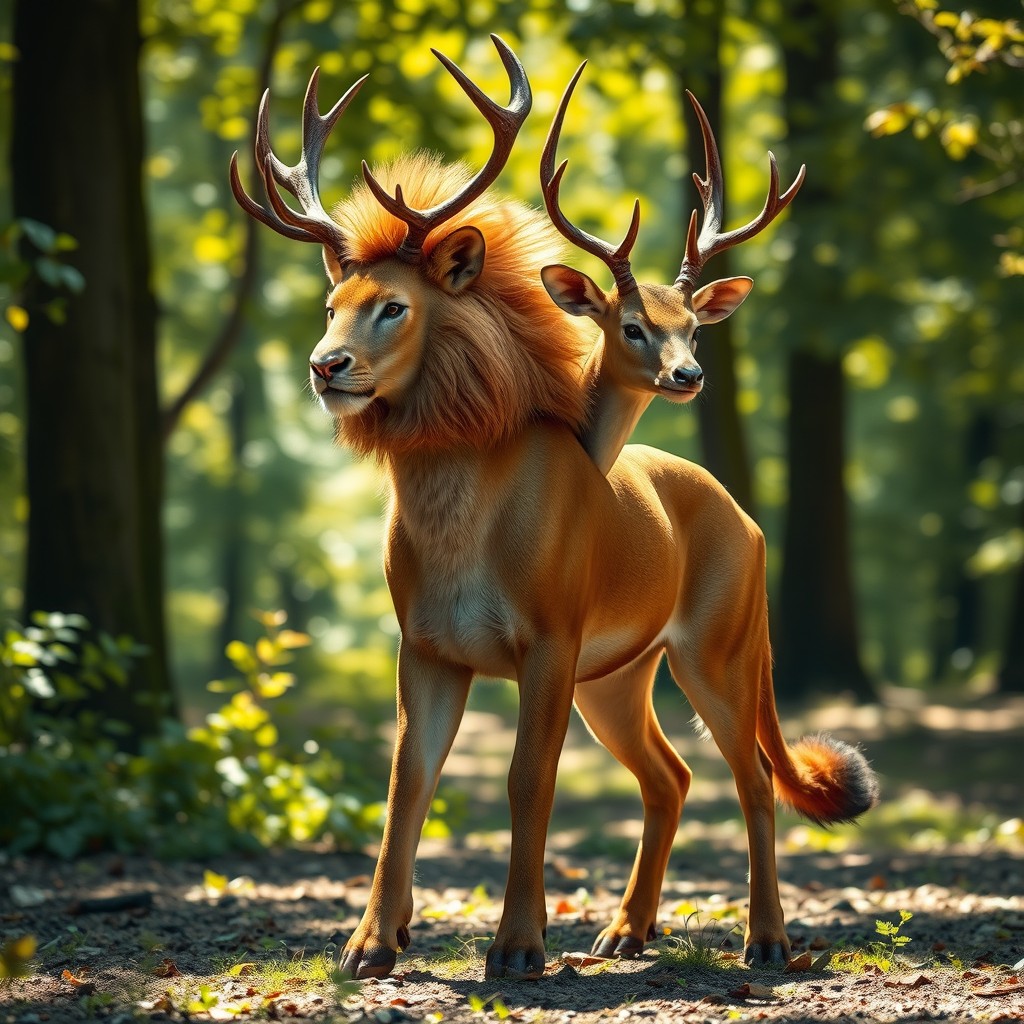 A captivating creature known as a 'deer-lion hybrid with two heads', seamlessly blending the elegance of a deer with the strength of a lion