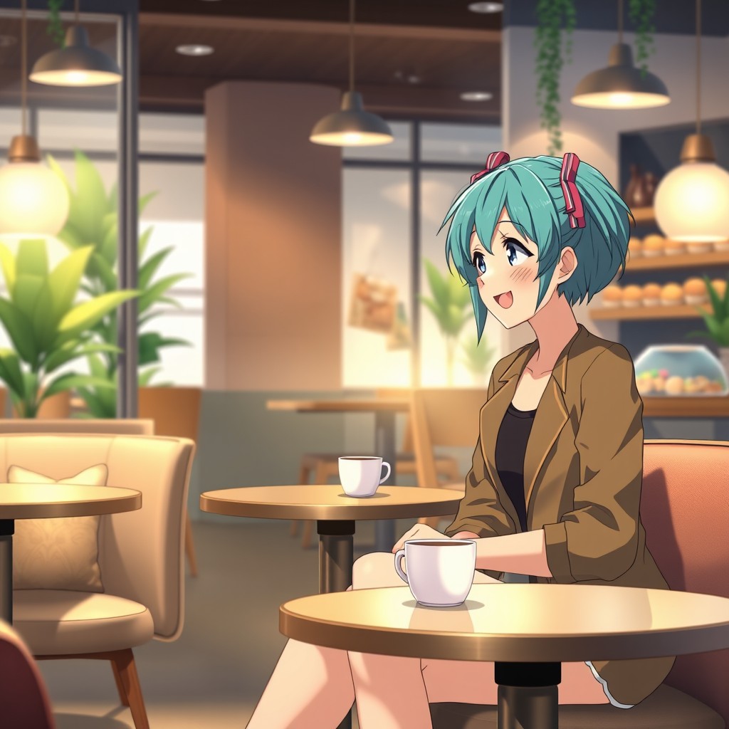 A realistic scene depicting a young person sitting in a stylish modern café with Nakano Miku, a character from the anime "The Quintessential Quintuplets