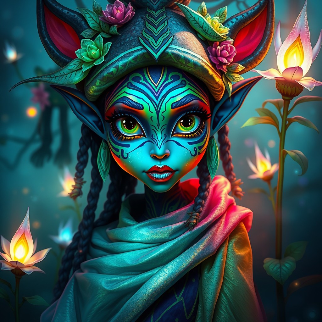 A stunning portrayal of an avatar character inspired by a lush, vibrant fantasy world