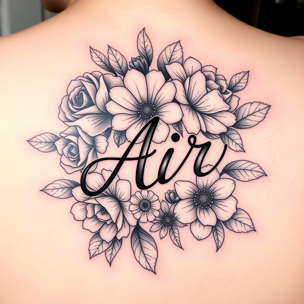 A beautifully crafted tattoo design featuring intricate flowers intertwined with the elegant word 'Air'