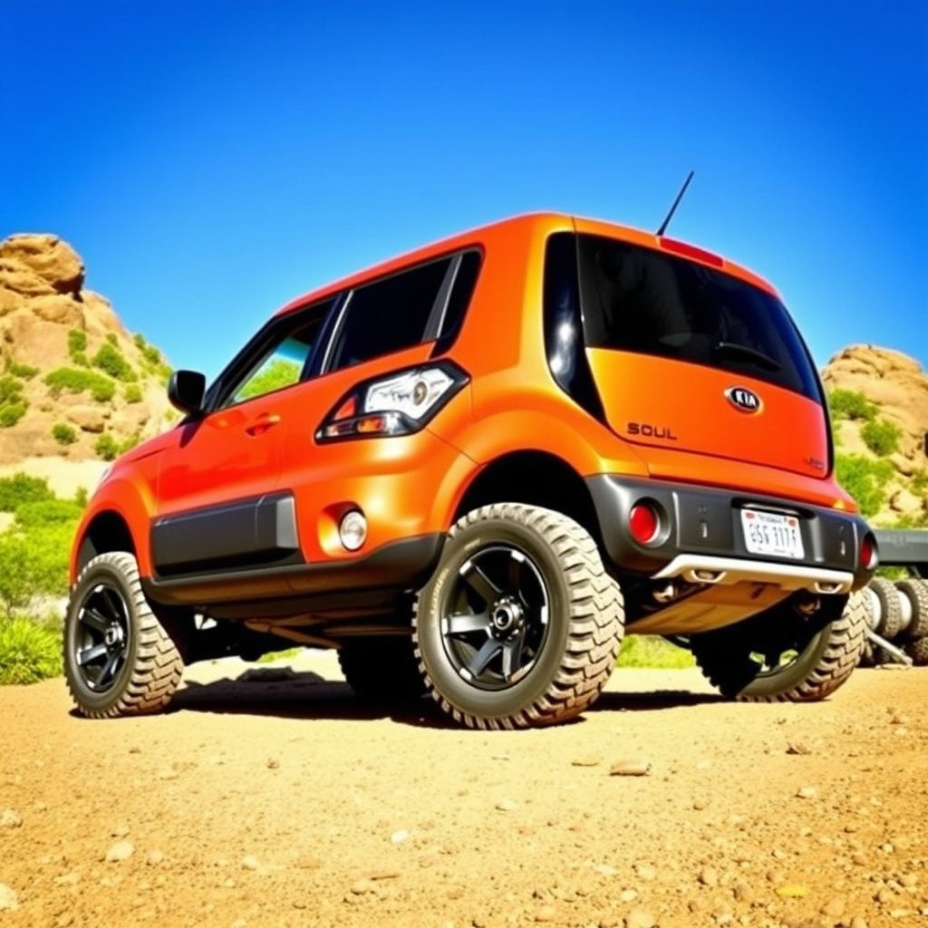 A 2012 Kia Soul with lifted suspension and off-road wheels, showcasing the vehicle in a rugged outdoor setting