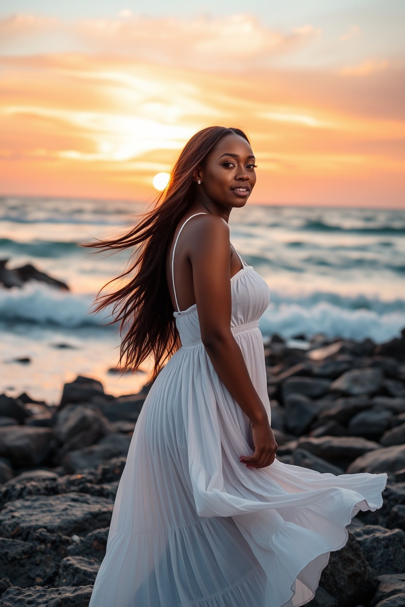 A stunning black woman standing gracefully on a rocky beach at sunset