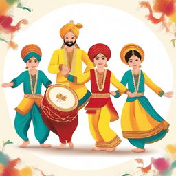 An exquisite illustration that vividly depicts children in traditional Baisakhi attire performing the bhangra and playing the dhol