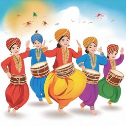 An exquisite illustration that vividly depicts children in traditional Baisakhi attire performing the bhangra and playing the dhol