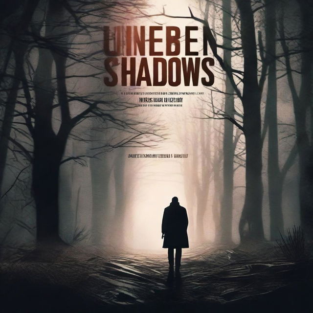 Design a dark and edgy book cover for a suspense thriller. Use the title 'Unseen Shadows' in bold, brooding font, surrounded by mysterious imagery.