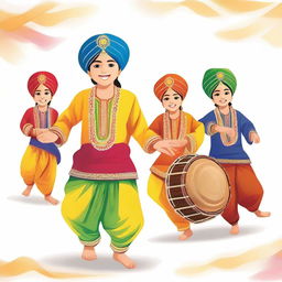 An exquisite illustration that vividly depicts children in traditional Baisakhi attire performing the bhangra and playing the dhol