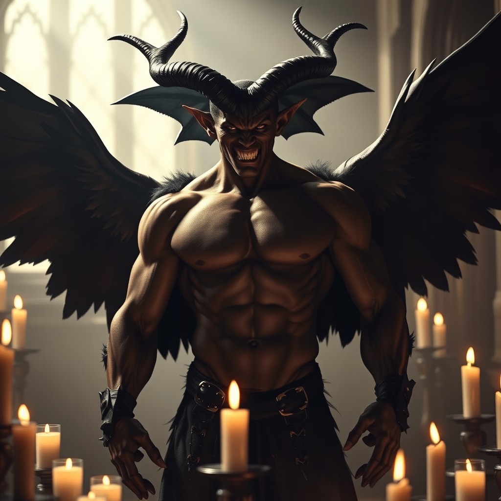 A powerful incubus named Seraphina with jet black wings spread wide behind him