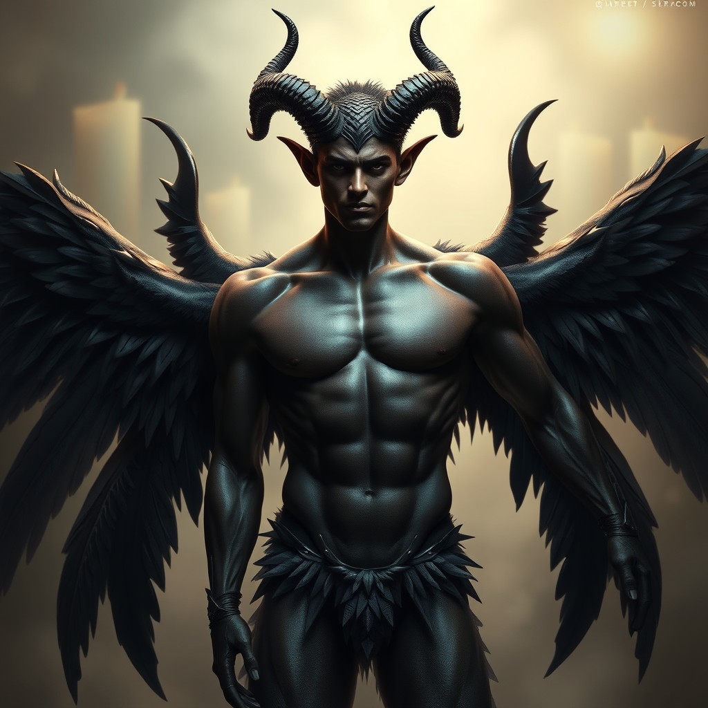 A magnificent incubus named Seraphina, with jet black wings spread wide behind him, showcasing a powerful and muscular body covered in dark feathers that glisten under soft candlelight
