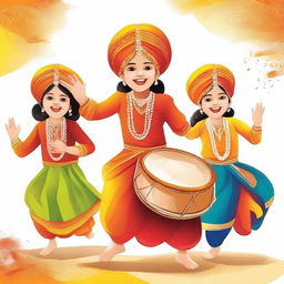 An exquisite illustration that vividly depicts children in traditional Baisakhi attire performing the bhangra and playing the dhol