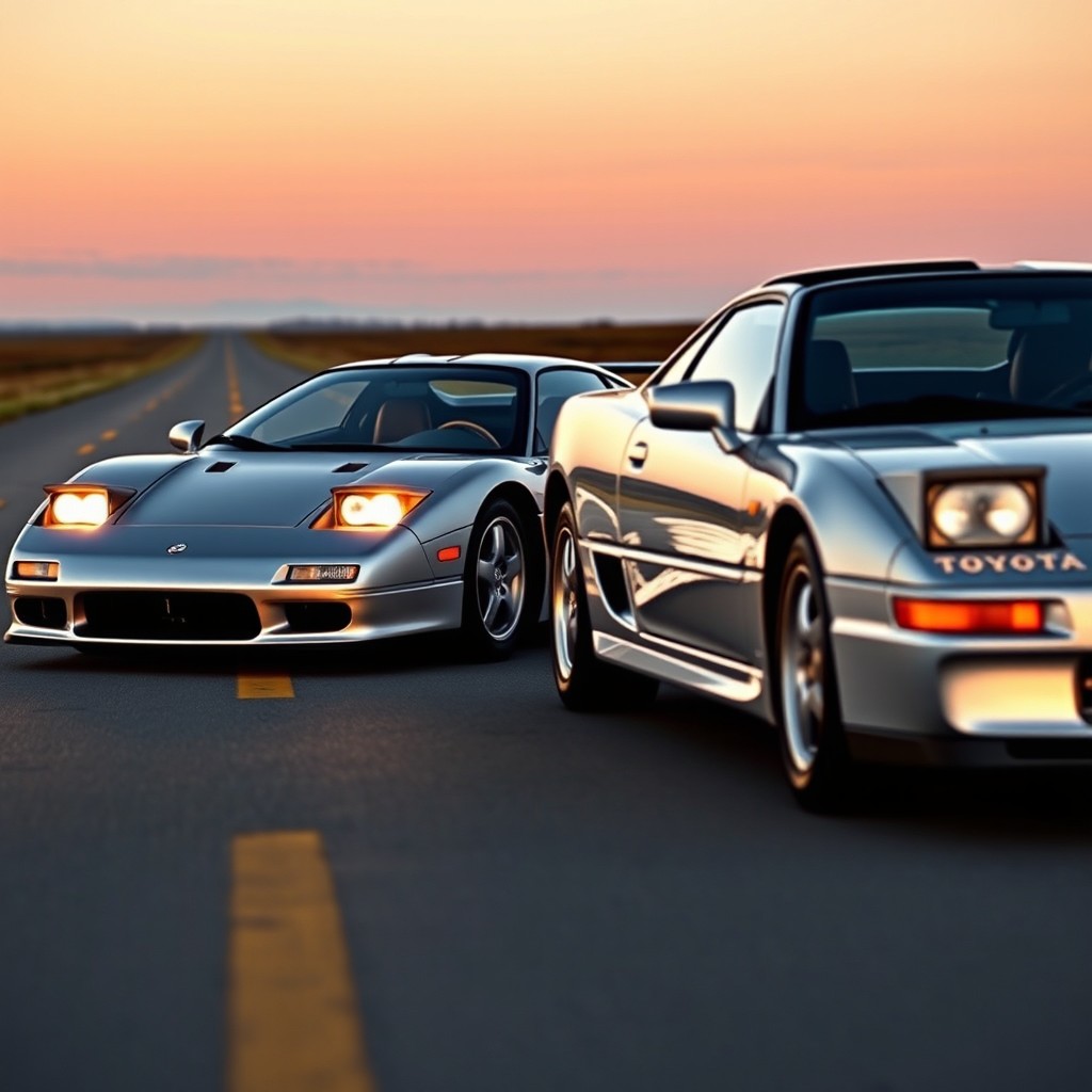 A silver colored McLaren F1 alongside a mk 3 Toyota MR2, featuring sleek LED headlights and a small roof scoop