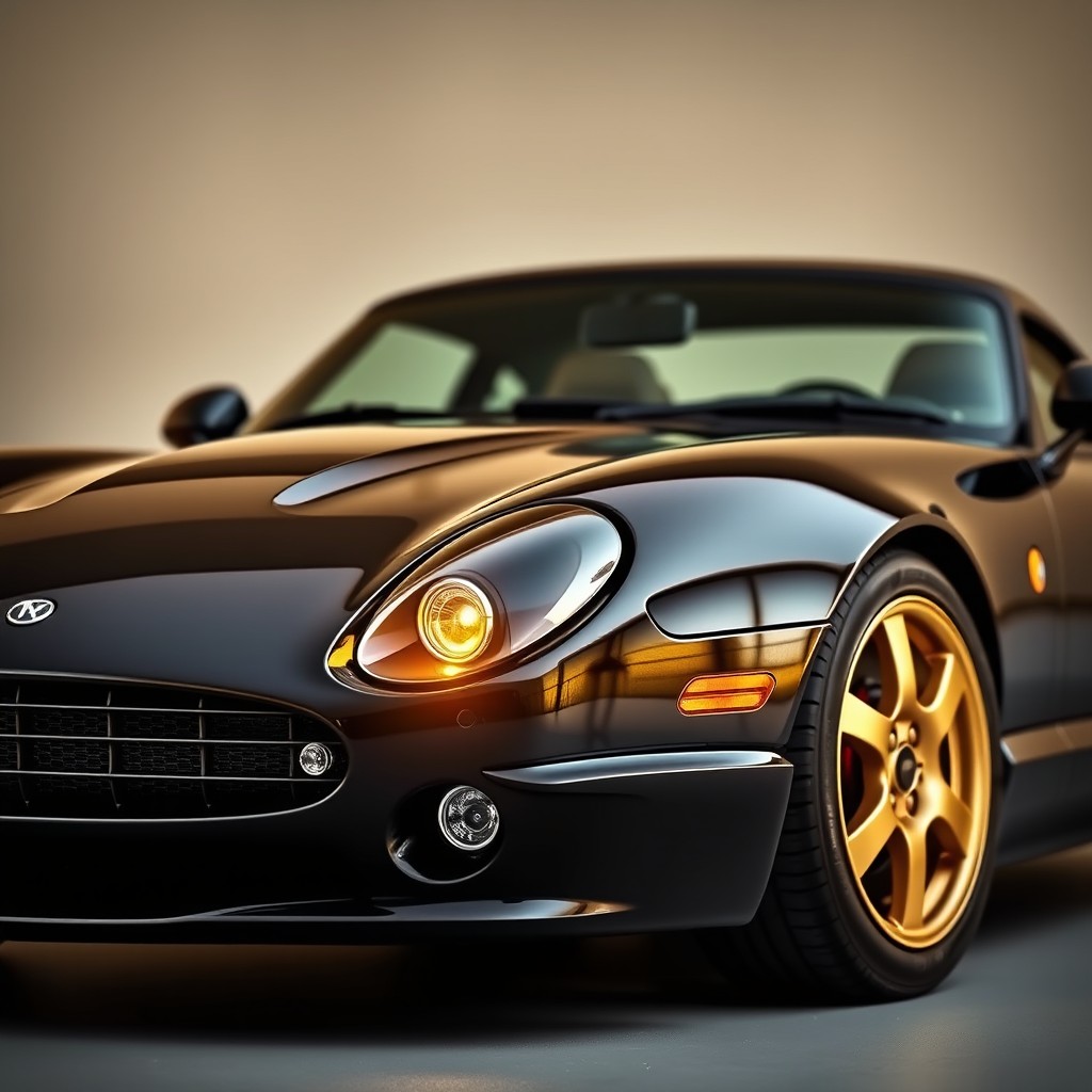 A striking black TVR Chimaera featuring a single open LED headlight, vintage gold wheels, and a hardtop roof
