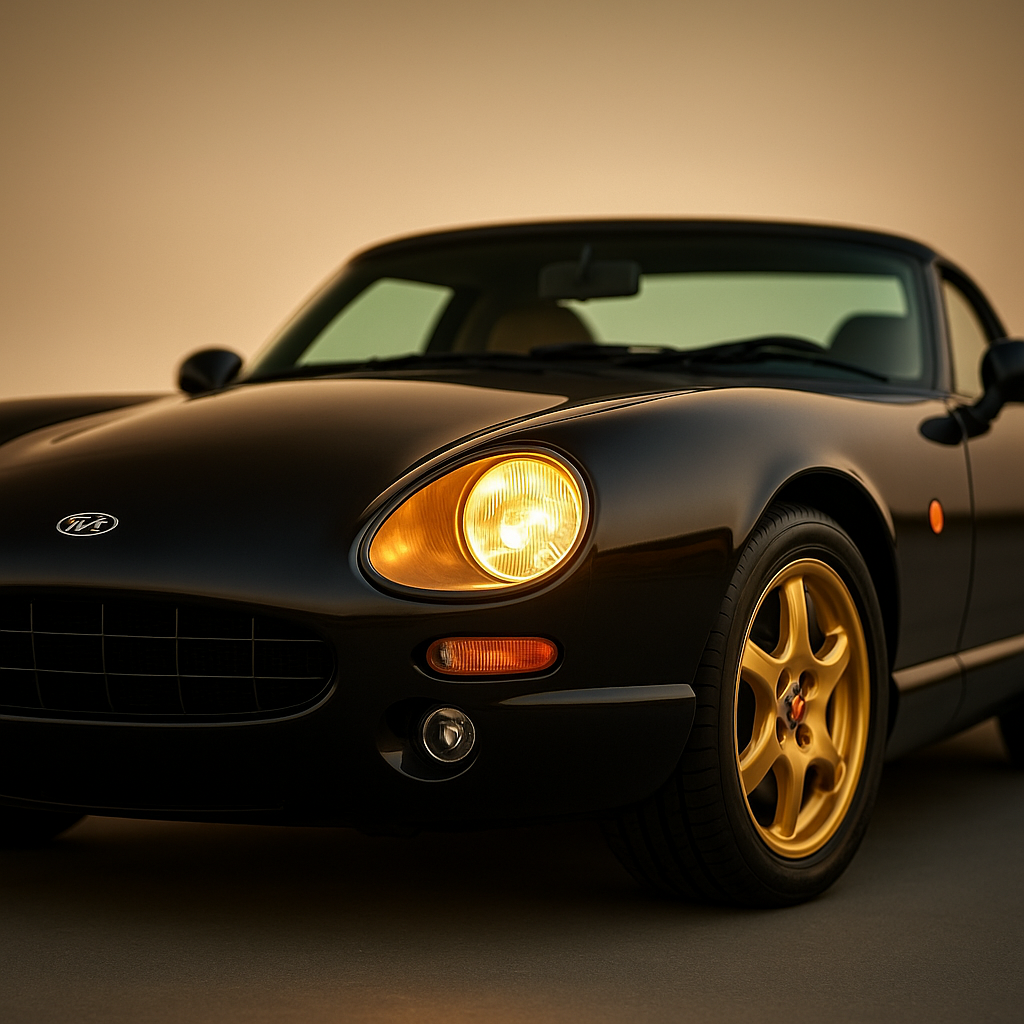 A close-up view of an early TVR Chimaera, showcasing its distinctive headlight design with a striking orange glow