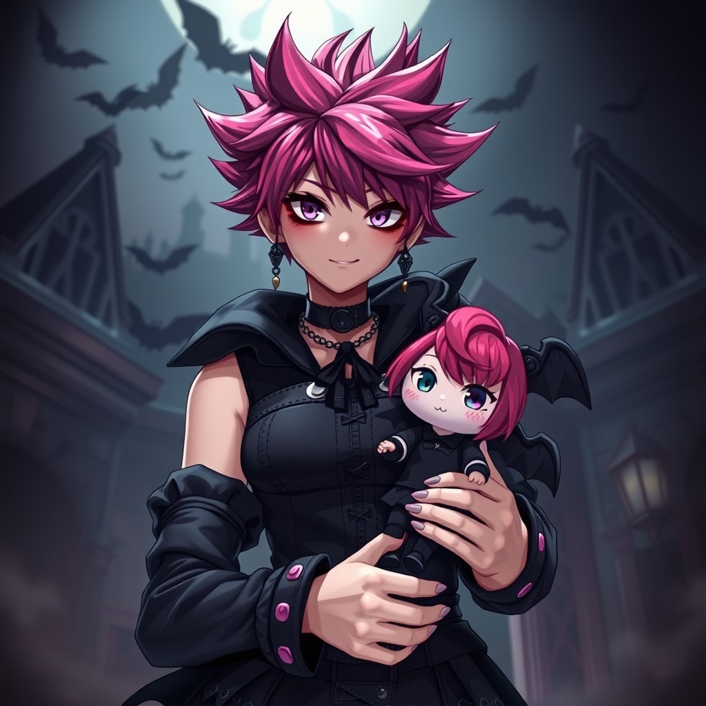 A strong, emo gothic girl embodying the character Kuromi, featuring dark attire with elements of punk fashion, vibrant hair styled in wild spikes, and an exaggerated expression of confidence