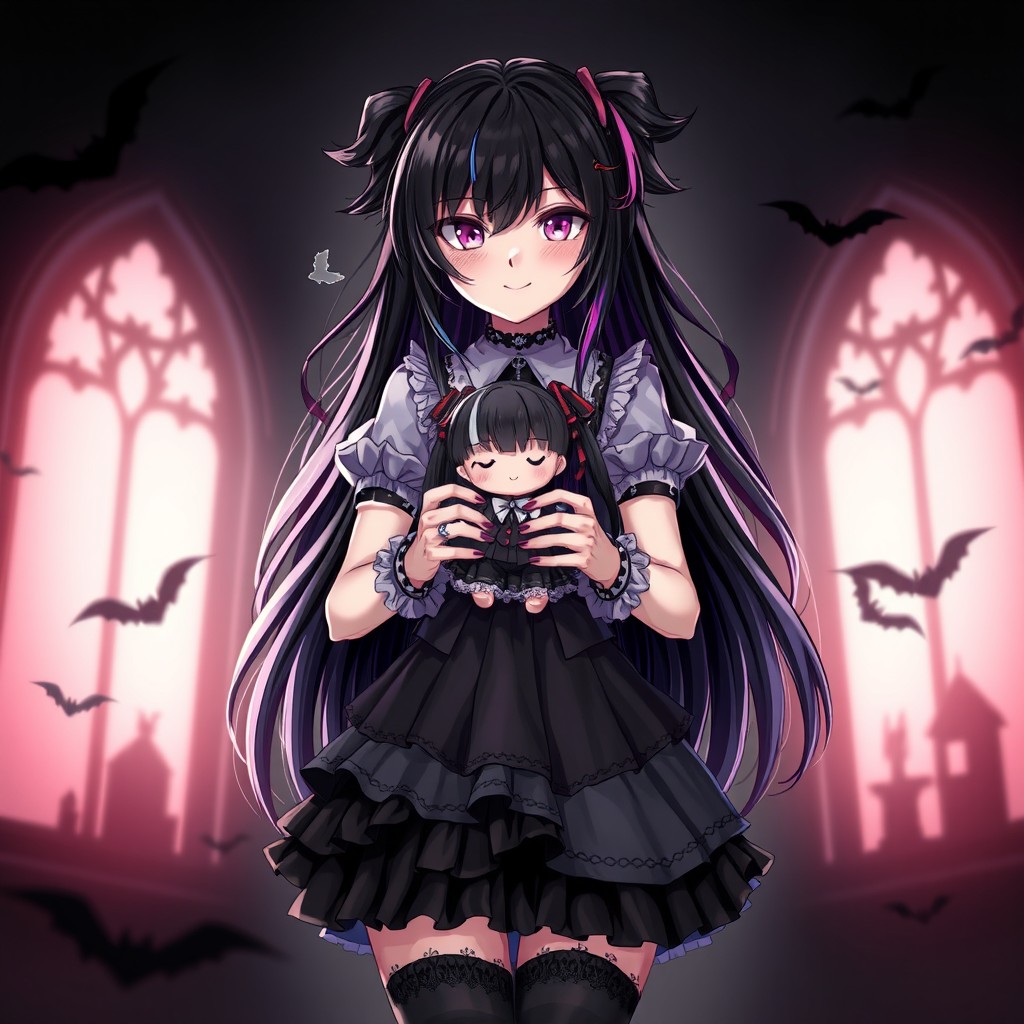 A strong, emo gothic girl embodying the character Kuromi, with long, flowing, pretty hair styled dramatically and adorned with colorful streaks