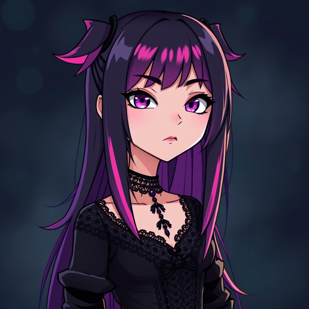 A human cartoon representation of Kuromi as a 21-year-old woman, featuring a straight-faced expression to reflect her emo style