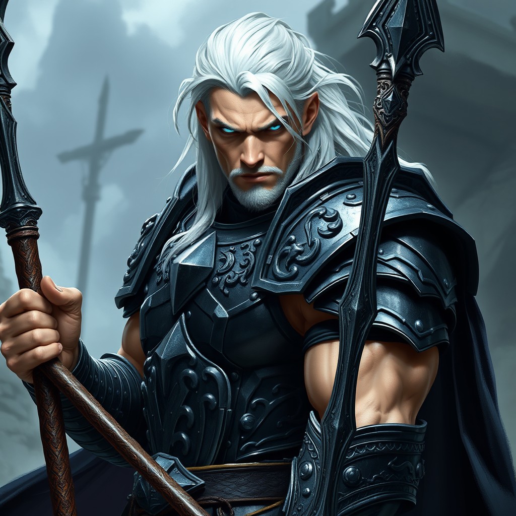 A muscular and masculine fallen aasimar warrior, depicted with striking white hair and vivid blue eyes