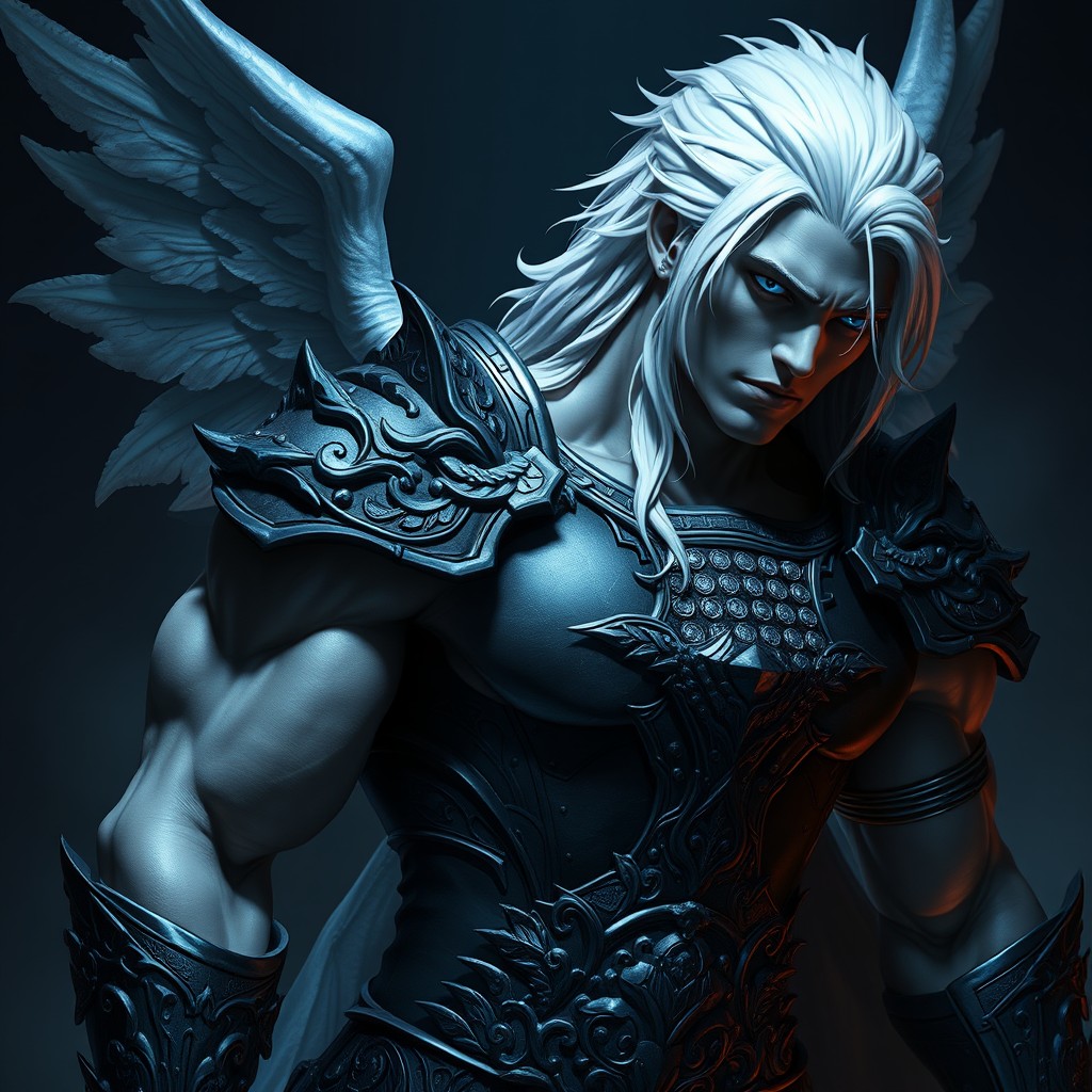 A muscular and masculine fallen aasimar character, featuring striking white hair that contrasts with his fierce blue eyes