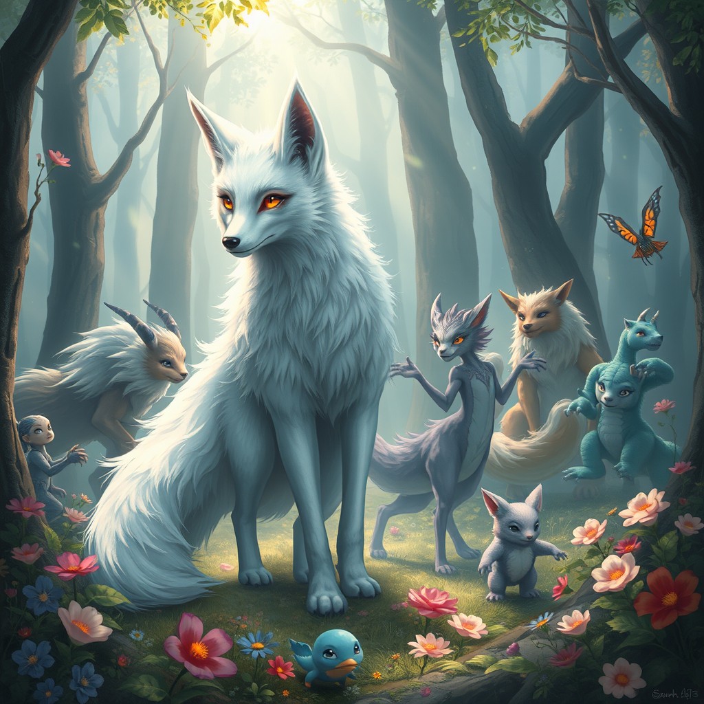A magical scene depicting a white fox with nine tails standing in a mystical forest