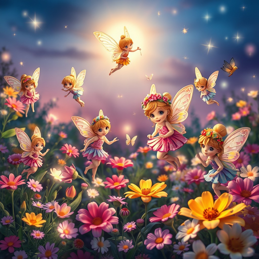 A magical scene featuring adorable fairies fluttering around a vibrant garden filled with colorful flowers