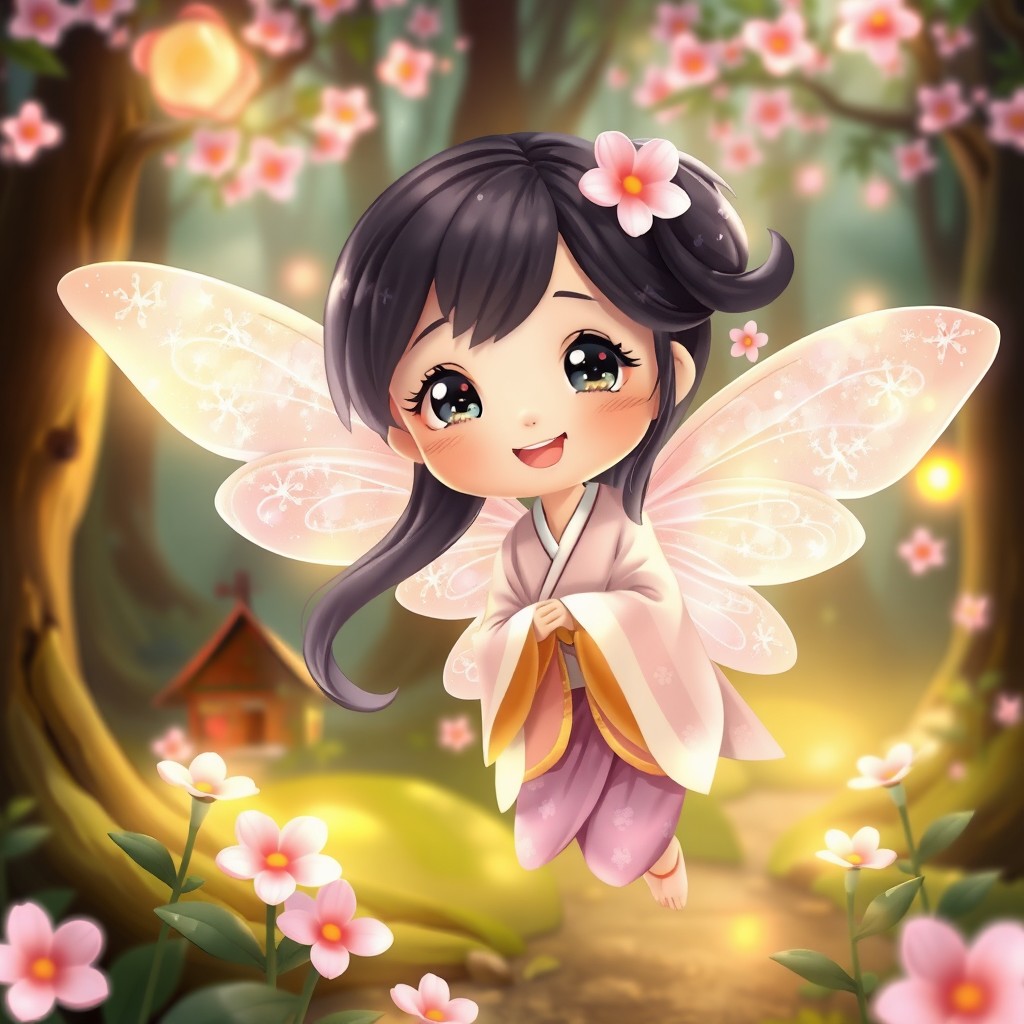 A cute Japanese fairy, featuring delicate butterfly wings and traditional clothing with soft pastel colors