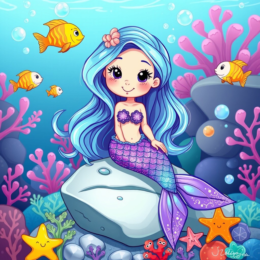 A vibrant and whimsical cartoon illustration of a mermaid sitting on a rock, surrounded by colorful underwater creatures like fish and starfish