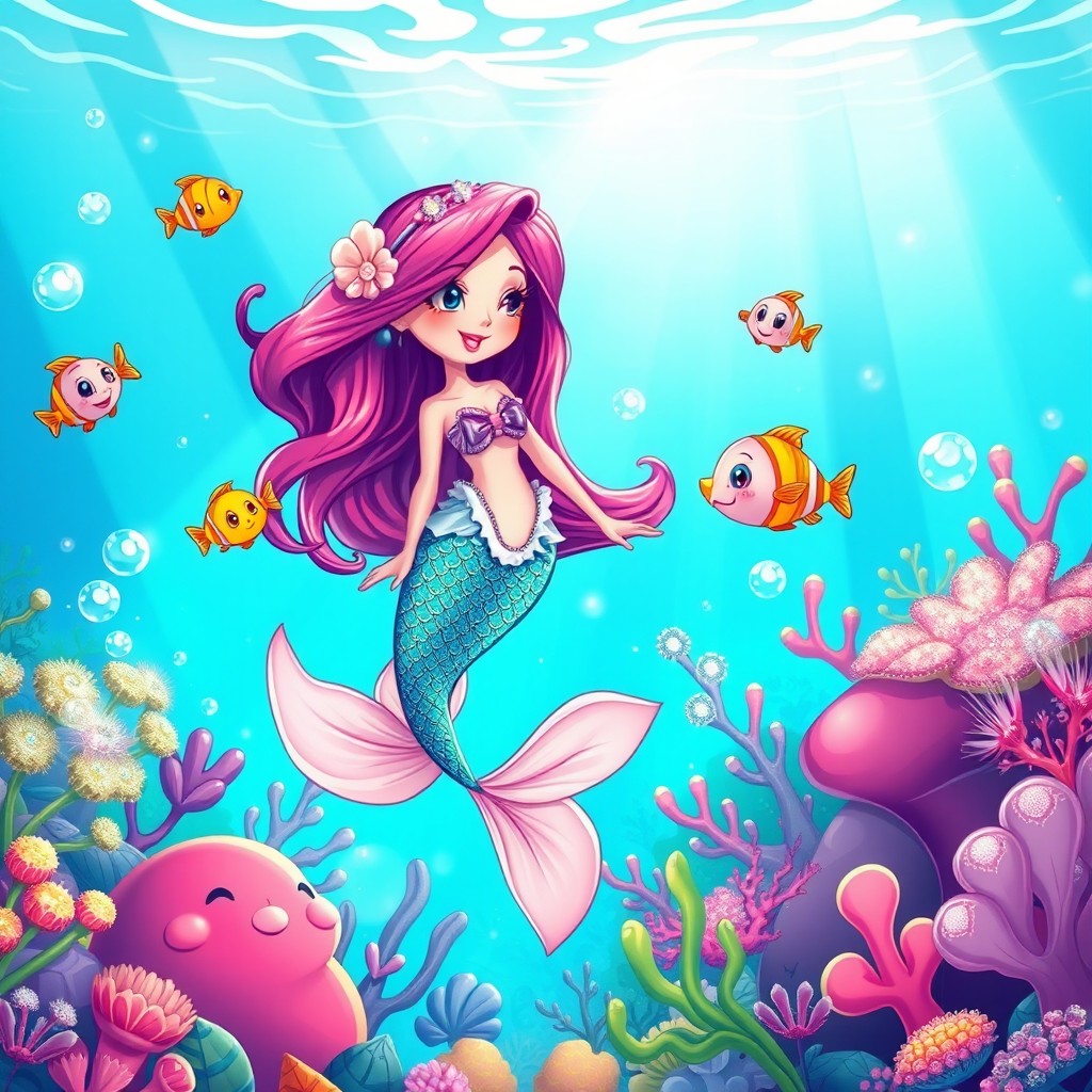 A vibrant and colorful cartoon scene depicting a whimsical underwater kingdom inspired by mermaid folklore