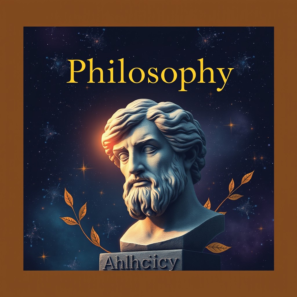 A visually captivating cover page for a philosophy book, showcasing a deep, cosmic background filled with stars and galaxies, symbolizing the vastness of philosophical thought