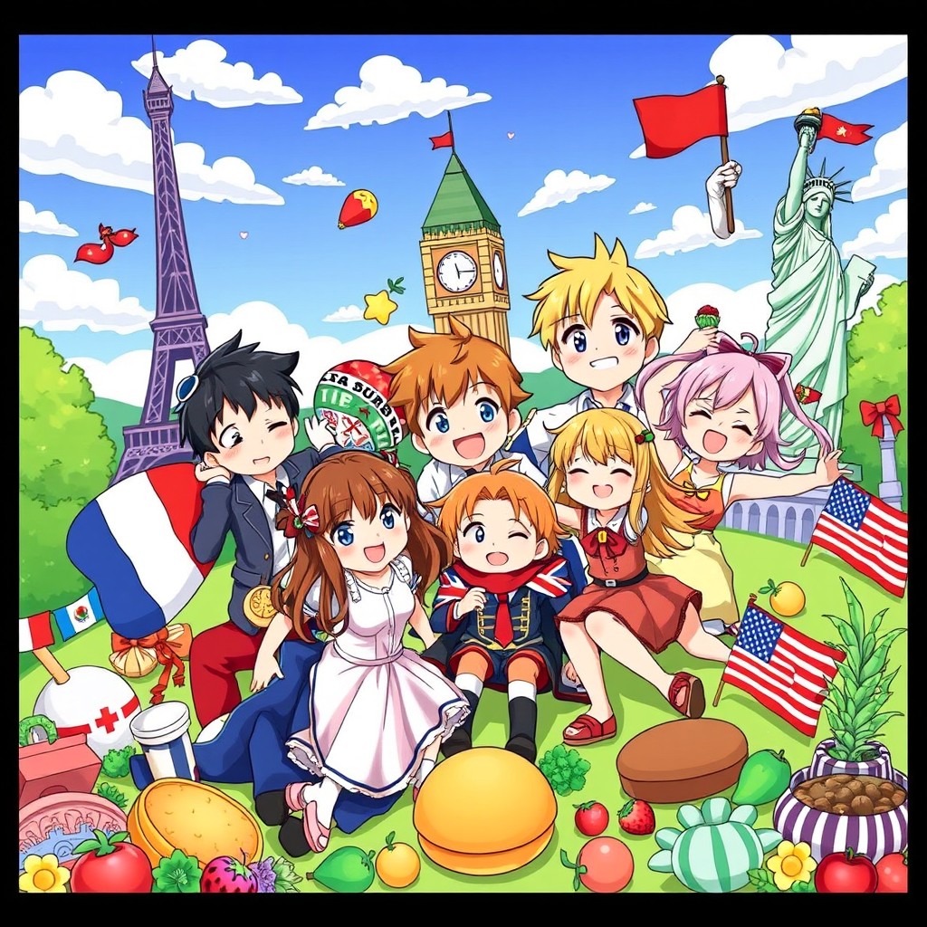 A colorful illustration featuring anthropomorphized country characters from Hetalia, showcasing their unique national features and attire