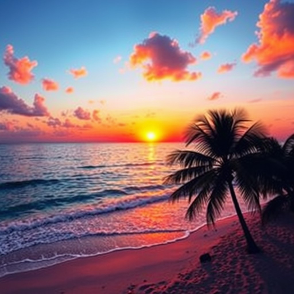 A vibrant and detailed depiction of a mobile phone photo showcasing a picturesque sunset over a calm ocean