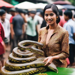 A beautiful woman with the body of a snake drawing a crowd at a traditional Indonesian market.