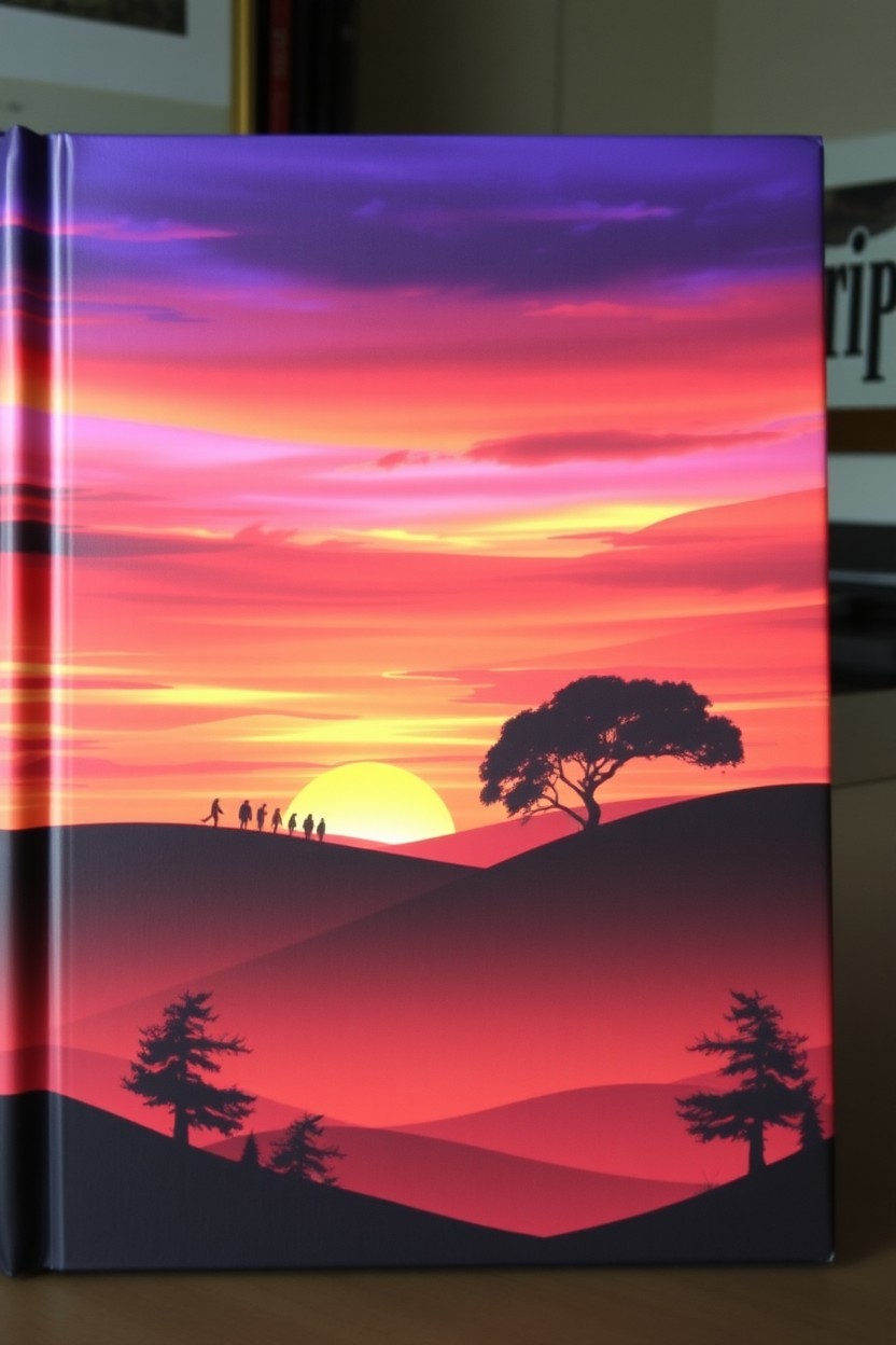 A stunning book cover depicting a vibrant sunset over a serene landscape