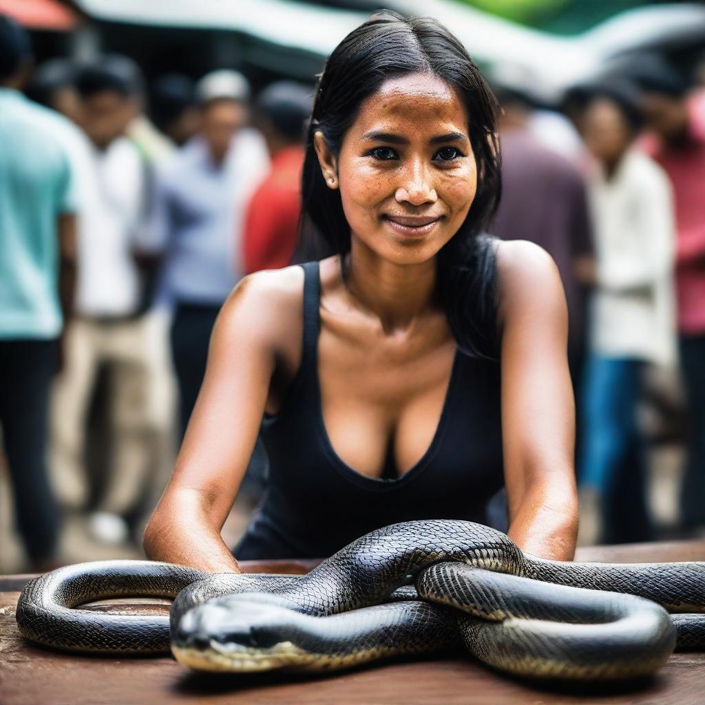 A beautiful woman with the body of a snake drawing a crowd at a traditional Indonesian market.