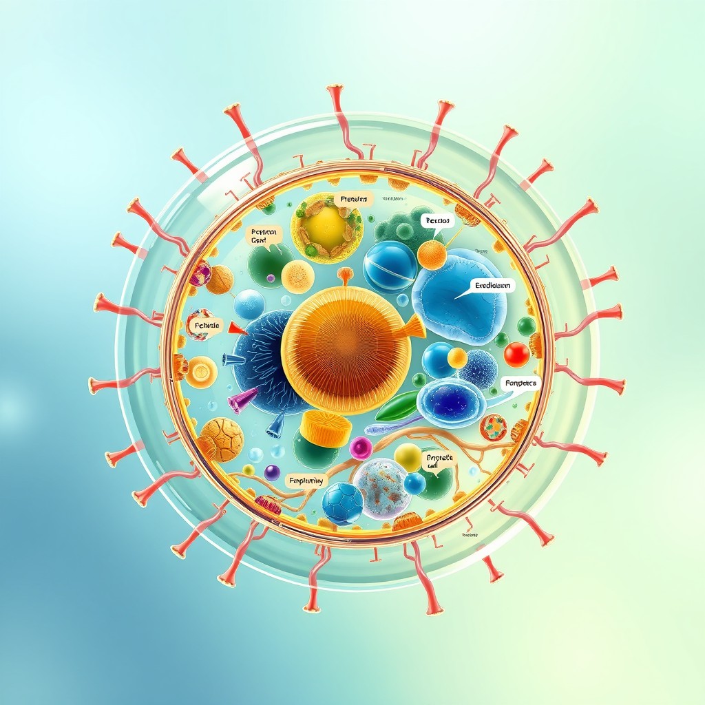 A highly detailed and intricate depiction of a biological cell, showcasing the various organelles such as the nucleus, mitochondria, and endoplasmic reticulum